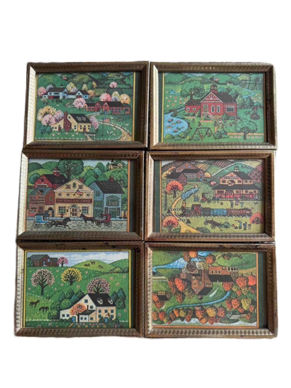 Set of 6 Green Folk Art Home Prints/cards in Gold Frames
